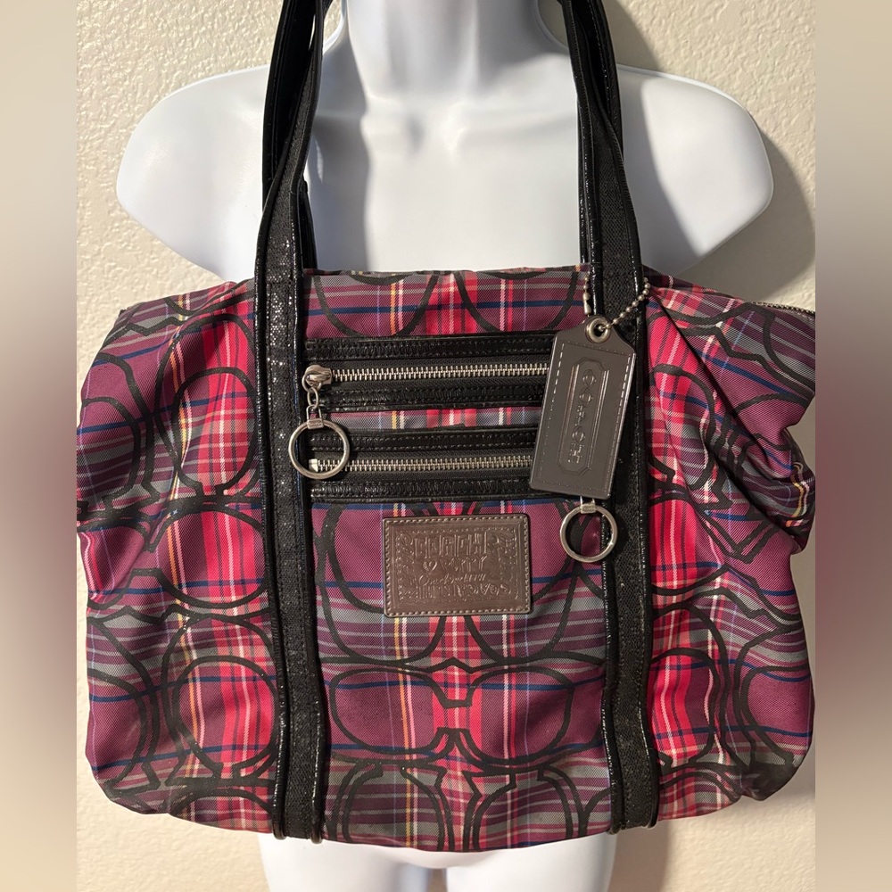 Vintage Coach Poppy  Pink Plaid Tote with Black Trim